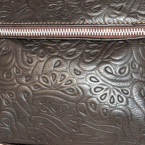 Chocolate Brown Tooled Italian Leather Fold-over Crossbody‎ Purse - Picture 9 of 12